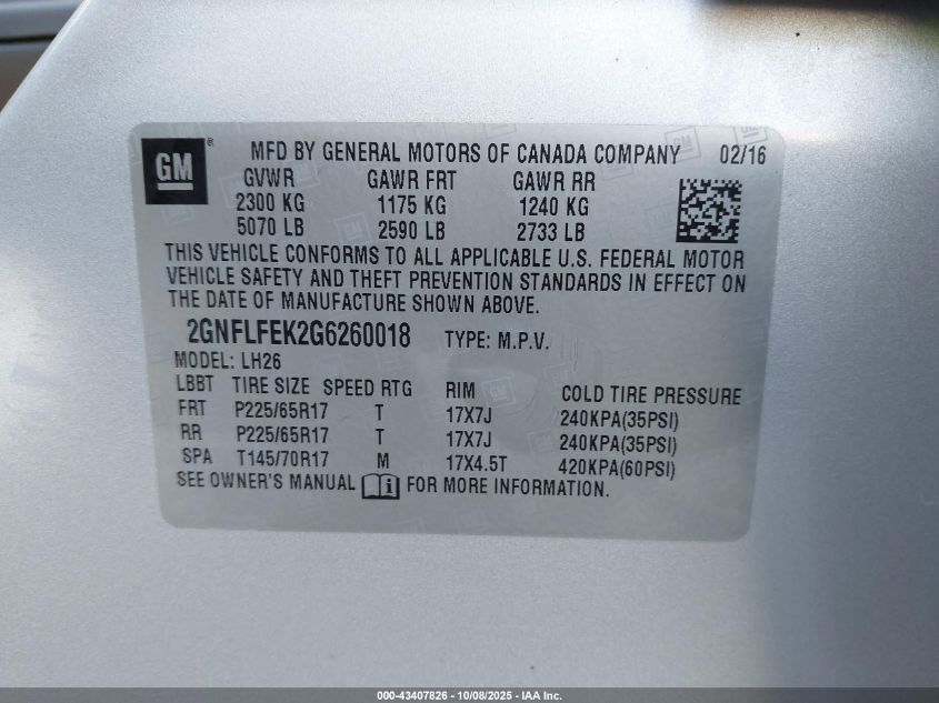 2016 Chevrolet Equinox Lt VIN: 2GNFLFEK2G6260018 Lot: 43407826