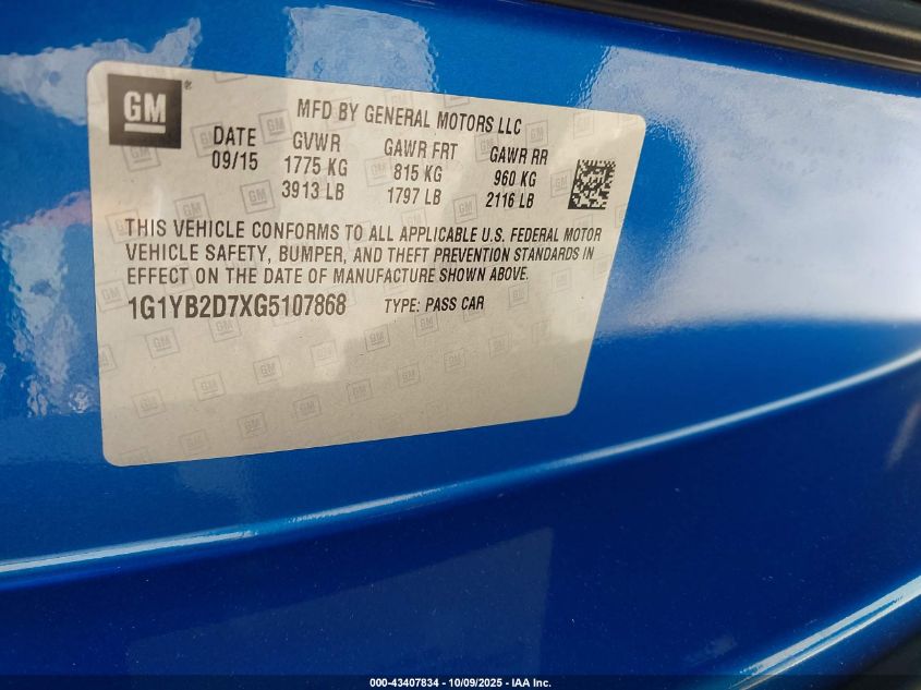 2016 Chevrolet Corvette Stingray VIN: 1G1YB2D7XG5107868 Lot: 43407834