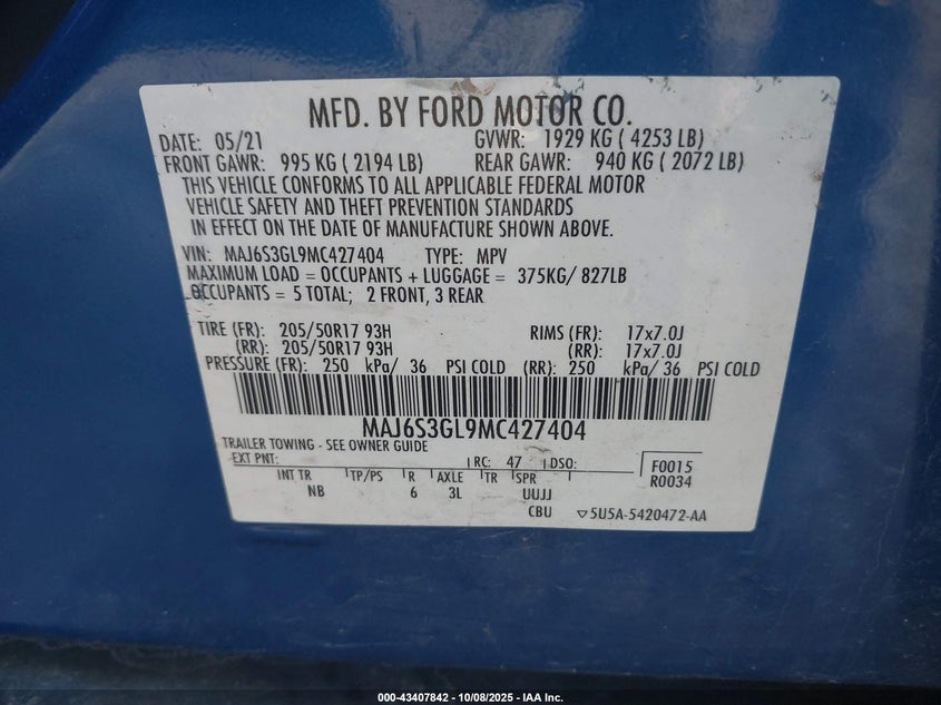 2021 FORD ECOSPORT SE MAJ6S3GL9MC427404