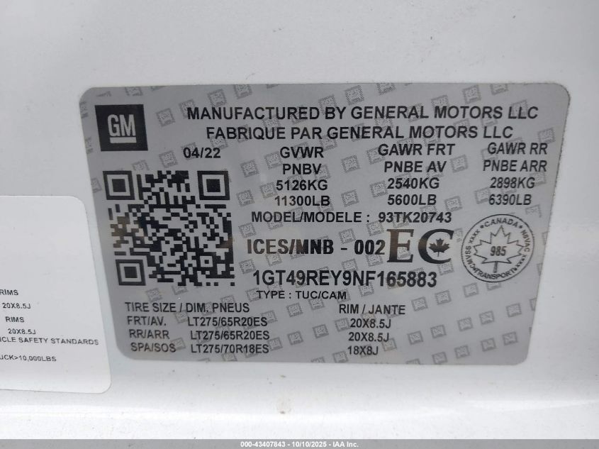 2022 GMC Sierra 2500Hd 4Wd Long Bed Denali/4Wd Standard Bed Denali VIN: 1GT49REY9NF165883 Lot: 43407843