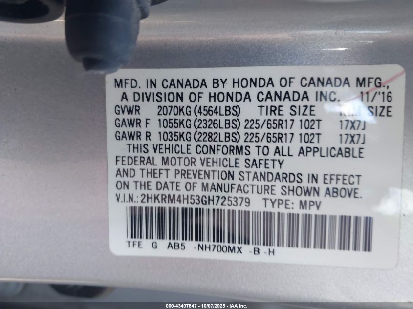 2016 Honda Cr-V Ex VIN: 2HKRM4H53GH725379 Lot: 43407847