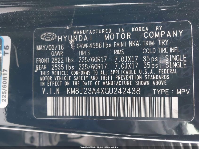 2016 Hyundai Tucson Se VIN: KM8J23A4XGU242438 Lot: 43407850