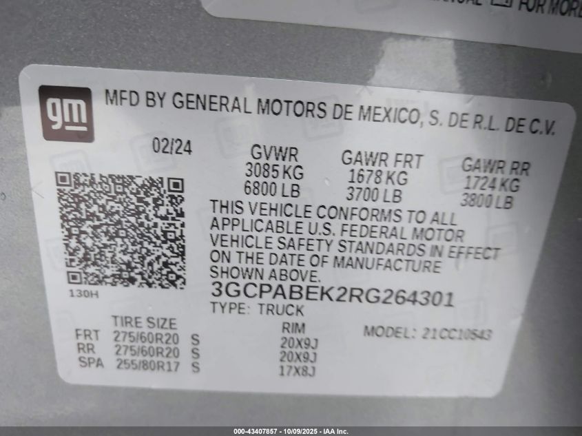 2024 Chevrolet Silverado 1500 2Wd Short Bed Custom VIN: 3GCPABEK2RG264301 Lot: 43407857