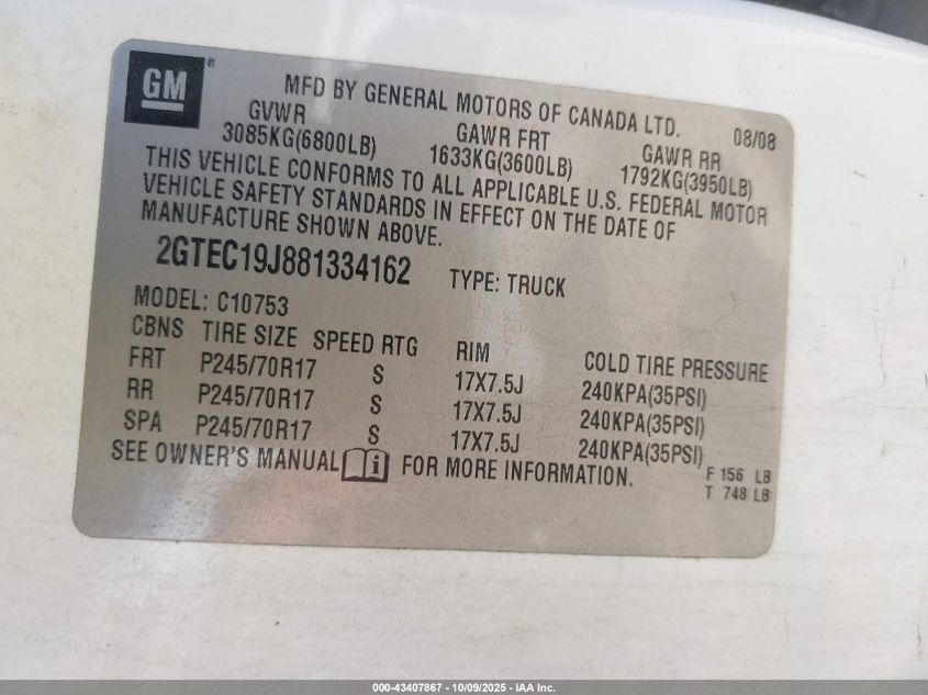 2008 GMC Sierra 1500 Sle1 VIN: 2GTEC19J881334162 Lot: 43407867