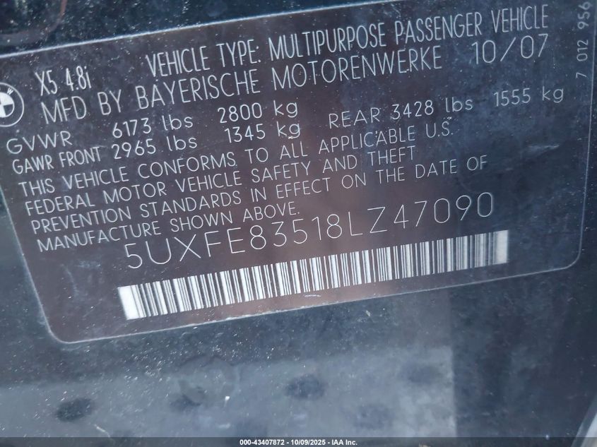 2008 BMW X5 4.8I VIN: 5UXFE83518LZ47090 Lot: 43407872