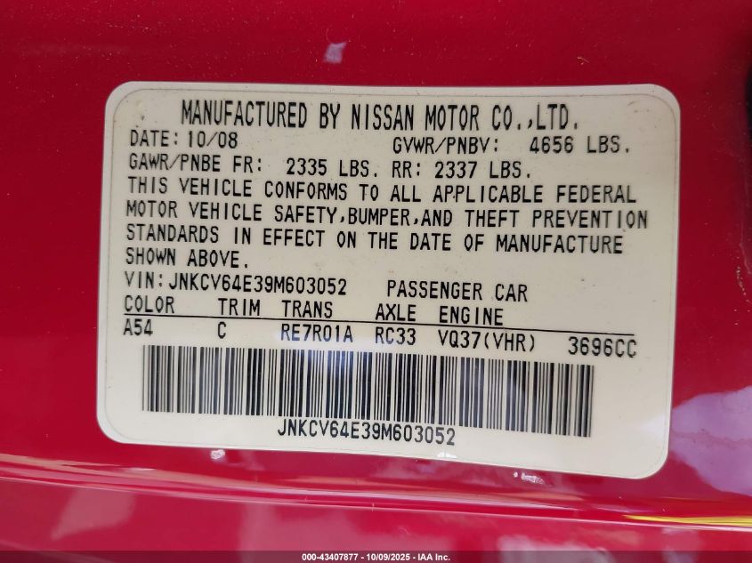 2009 Infiniti G37 Journey VIN: JNKCV64E39M603052 Lot: 43407877