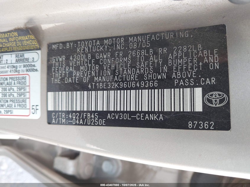 2006 Toyota Camry Le VIN: 4T1BE32K96U649366 Lot: 43407880