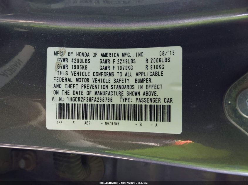 2015 Honda Accord Lx VIN: 1HGCR2F38FA268766 Lot: 43407888