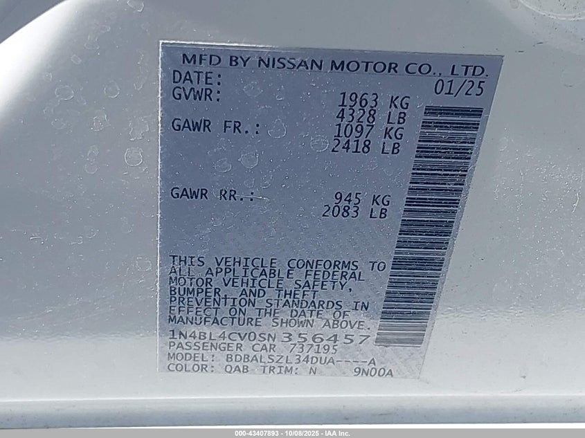 2025 NISSAN ALTIMA SR FWD 1N4BL4CV0SN356457