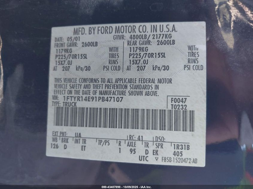 2001 Ford Ranger Edge/Xlt VIN: 1FTYR14E91PB47107 Lot: 43407898