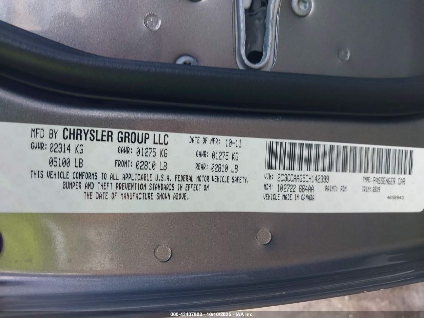 2012 Chrysler 300 VIN: 2C3CCAAG5CH142399 Lot: 43407903