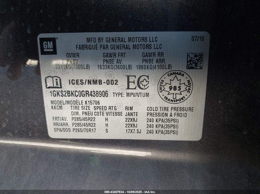 2016 GMC Yukon Slt VIN: 1GKS2BKC0GR438906 Lot: 43407934