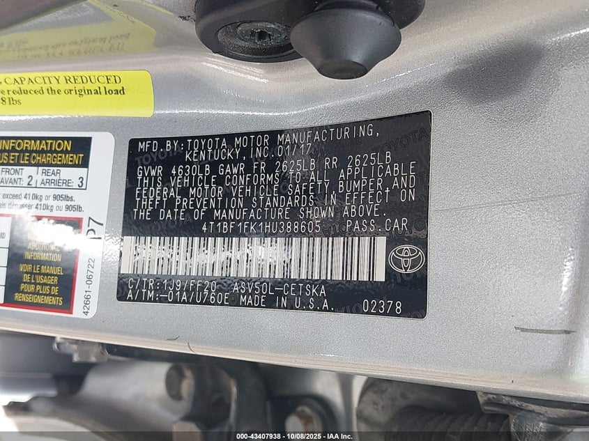 2017 Toyota Camry Se VIN: 4T1BF1FK1HU388605 Lot: 43407938