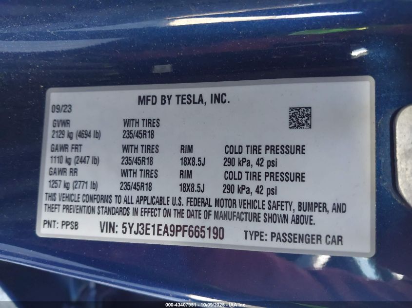 2023 Tesla Model 3 Rear-Wheel Drive VIN: 5YJ3E1EA9PF665190 Lot: 43407951