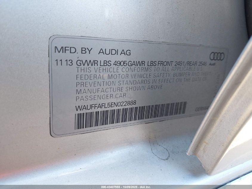 2014 Audi A4 2.0T Premium VIN: WAUFFAFL5EN022888 Lot: 43407955