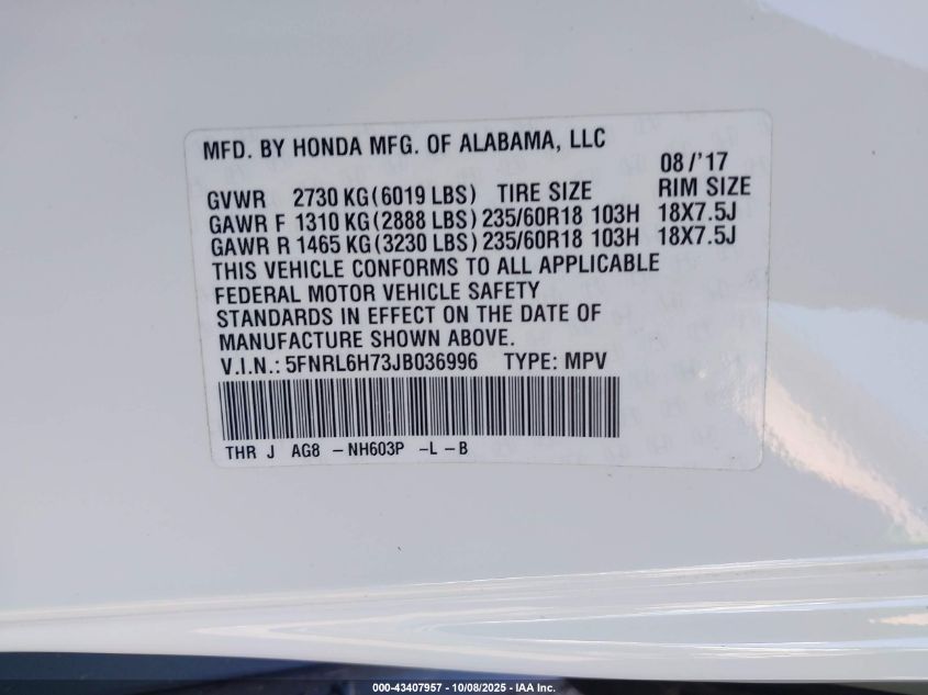 2018 Honda Odyssey Ex-L VIN: 5FNRL6H73JB036996 Lot: 43407957