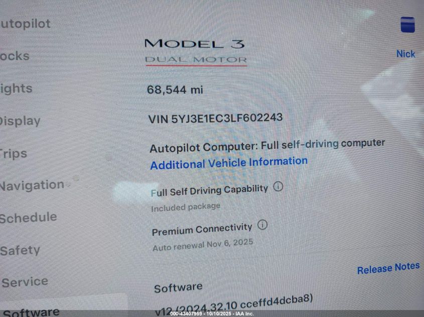 2020 Tesla Model 3 Performance Dual Motor All-Wheel Drive VIN: 5YJ3E1EC3LF602243 Lot: 43407959