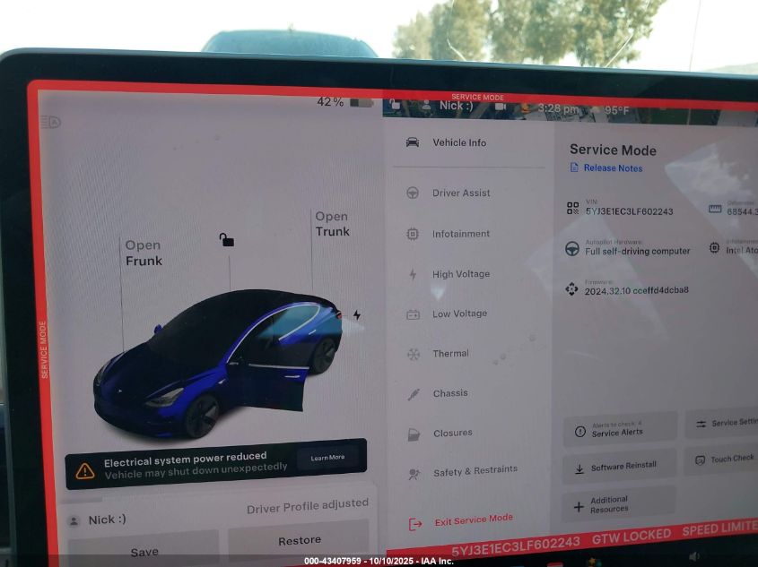 2020 Tesla Model 3 Performance Dual Motor All-Wheel Drive VIN: 5YJ3E1EC3LF602243 Lot: 43407959
