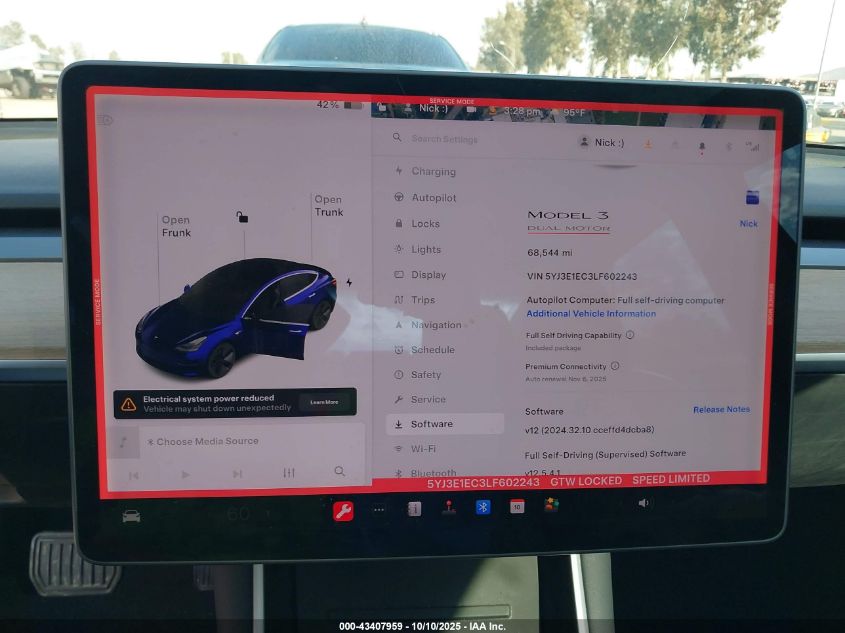 2020 Tesla Model 3 Performance Dual Motor All-Wheel Drive VIN: 5YJ3E1EC3LF602243 Lot: 43407959