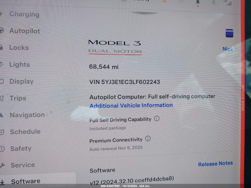2020 Tesla Model 3 Performance Dual Motor All-Wheel Drive VIN: 5YJ3E1EC3LF602243 Lot: 43407959