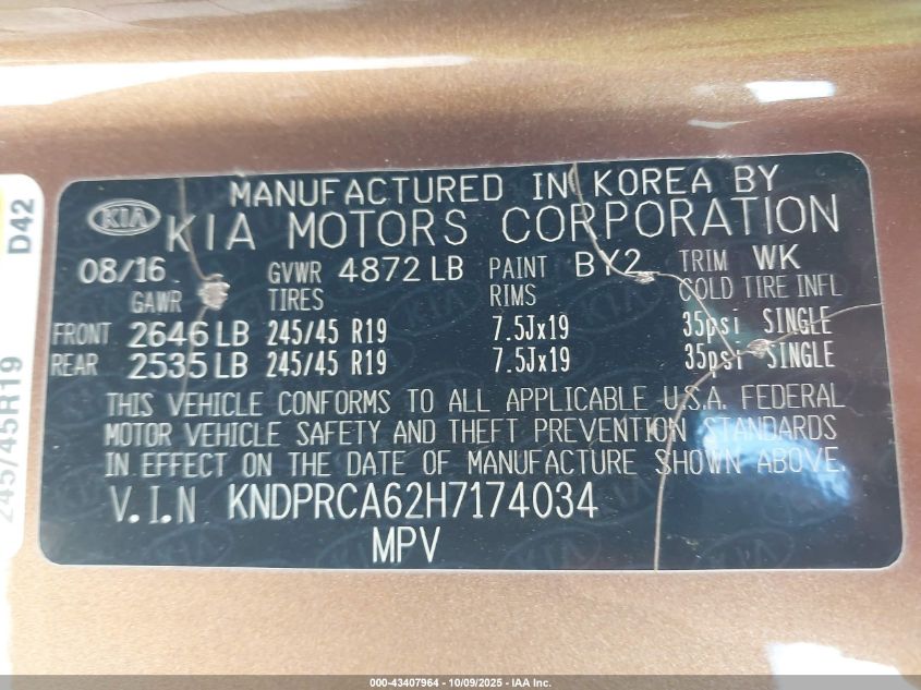 2017 Kia Sportage Sx Turbo VIN: KNDPRCA62H7174034 Lot: 43407964