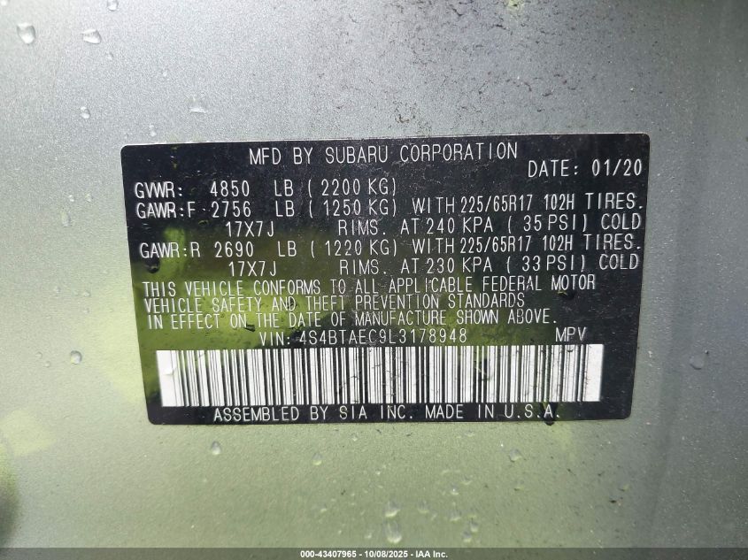 2020 Subaru Outback Premium VIN: 4S4BTAEC9L3178948 Lot: 43407965