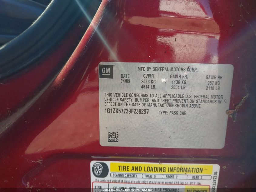 2009 Chevrolet Malibu Ltz VIN: 1G1ZK57739F238297 Lot: 43407967