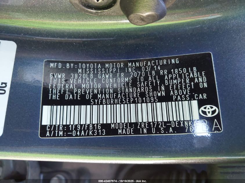 2014 Toyota Corolla Le Plus VIN: 5YFBURHE5EP101095 Lot: 43407974