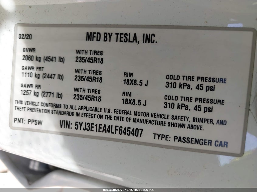5YJ3E1EA4LF645407 2020 TESLA MODEL 3 photo no. 9
