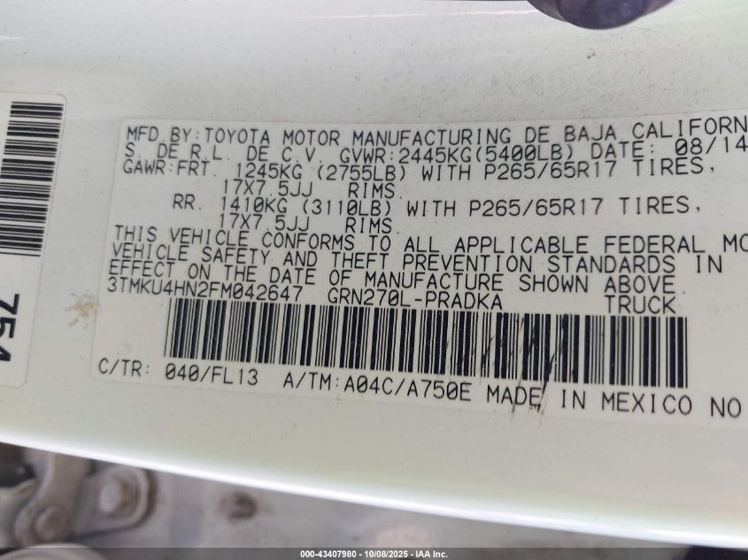 2015 Toyota Tacoma Prerunner V6 VIN: 3TMKU4HN2FM042647 Lot: 43407980