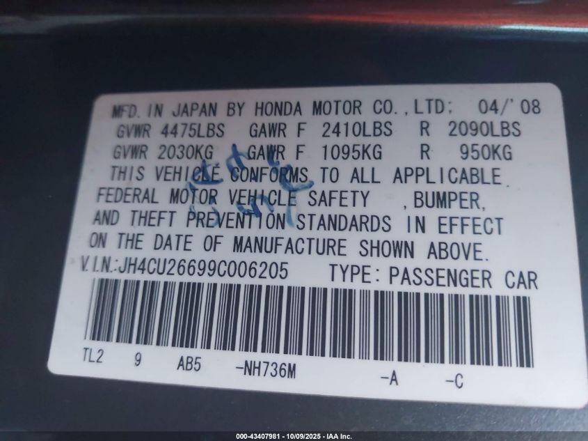 2009 Acura Tsx VIN: JH4CU26699C006205 Lot: 43407981