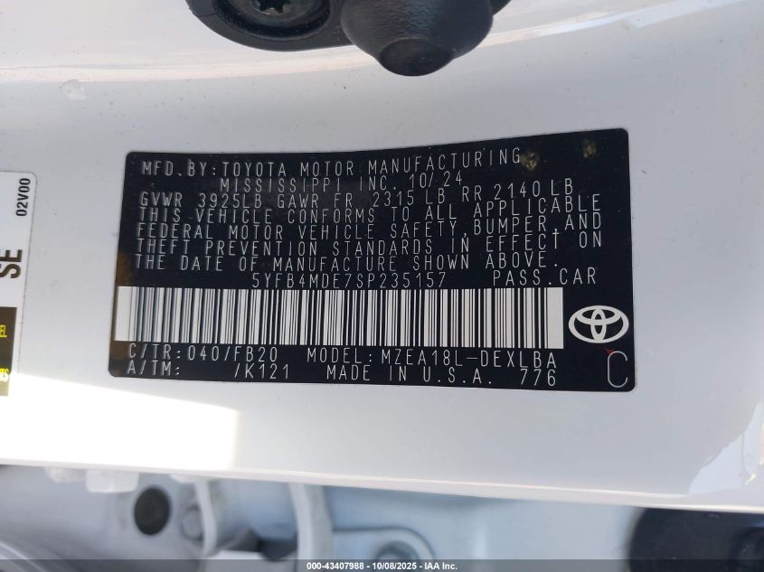 2025 Toyota Corolla Le VIN: 5YFB4MDE7SP235157 Lot: 43407988