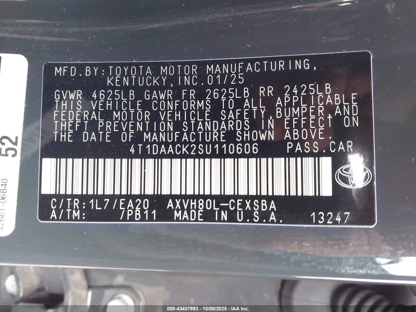 2025 Toyota Camry Se VIN: 4T1DAACK2SU110606 Lot: 43407993