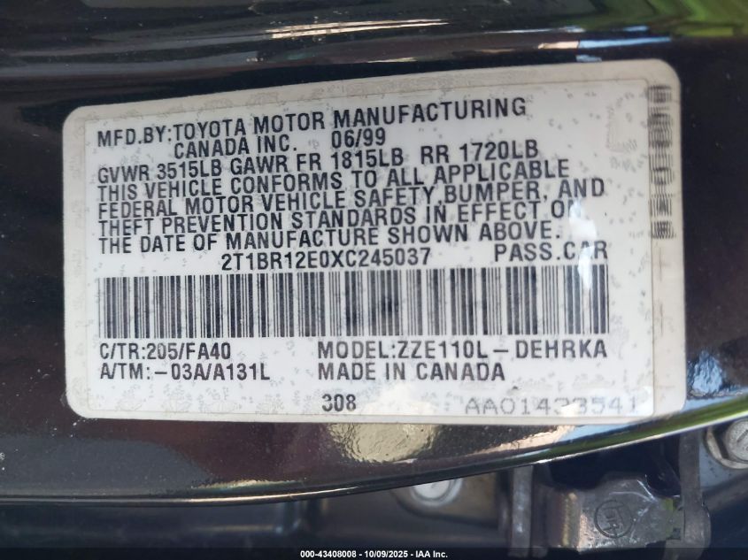 1999 Toyota Corolla Ve VIN: 2T1BR12E0XC245037 Lot: 43408008