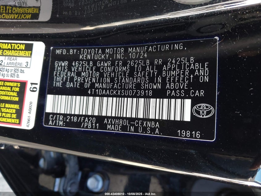 2025 Toyota Camry Le VIN: 4T1DAACKXSU073918 Lot: 43408010