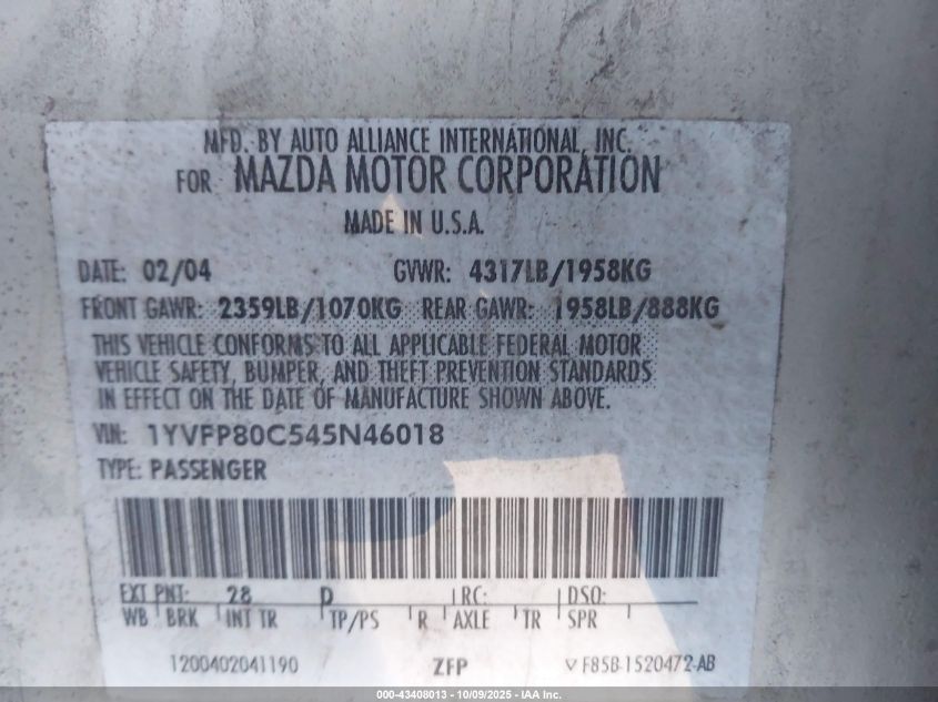 2004 Mazda Mazda6 I VIN: 1YVFP80C545N46018 Lot: 43408013