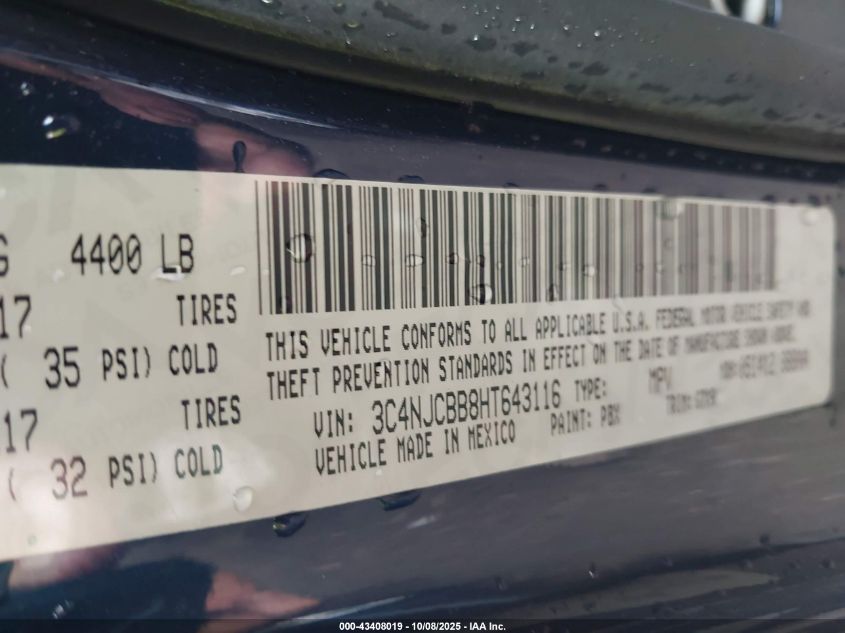 2017 Jeep New Compass Latitude Fwd VIN: 3C4NJCBB8HT643116 Lot: 43408019