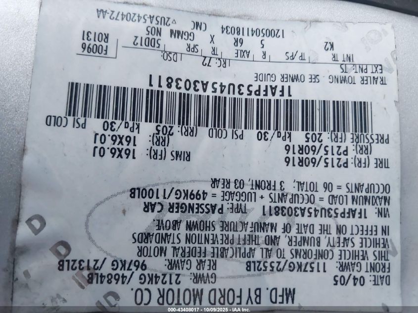 2005 Ford Taurus Se VIN: 1FAFP53U45A303811 Lot: 43408017