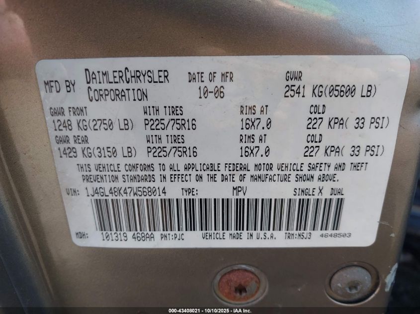 2007 Jeep Liberty Sport VIN: 1J4GL48K47W568014 Lot: 43408021