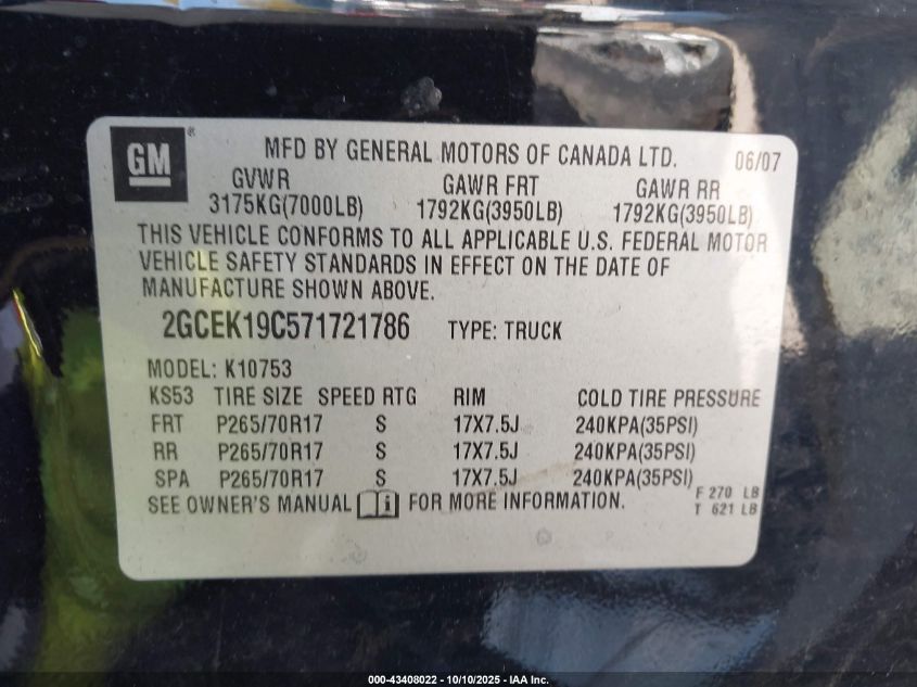 2007 Chevrolet Silverado 1500 Lt1 VIN: 2GCEK19C571721786 Lot: 43408022