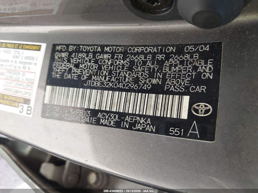 2004 Toyota Camry Le/Se/Std/Xle VIN: JTDBE32K040296749 Lot: 43408023