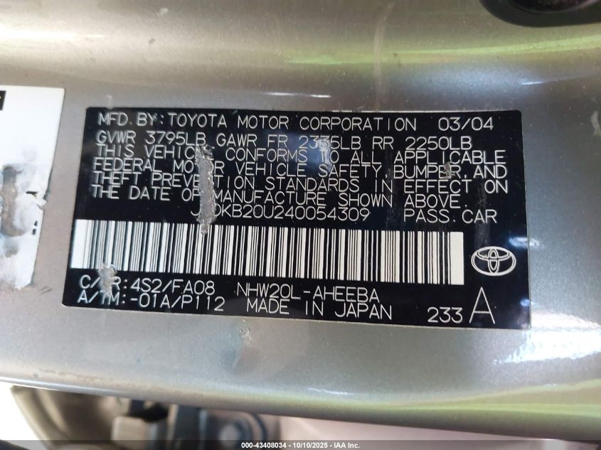 2004 Toyota Prius VIN: JTDKB20U240054309 Lot: 43408034