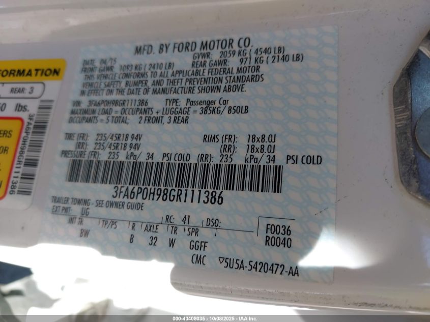 2016 Ford Fusion Se VIN: 3FA6P0H98GR111386 Lot: 43408035