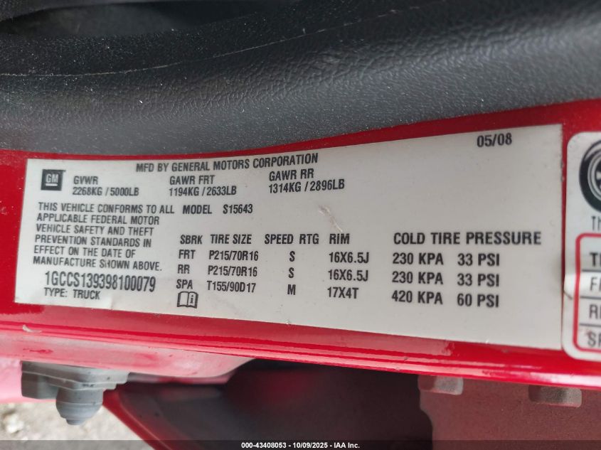 2009 Chevrolet Colorado Lt VIN: 1GCCS139398100079 Lot: 43408053