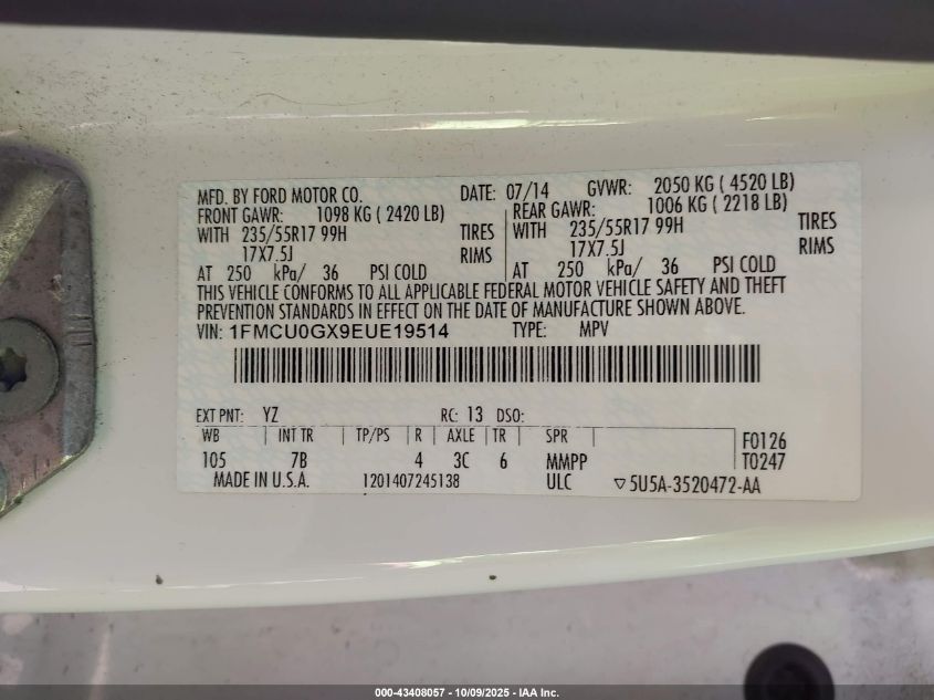 2014 Ford Escape Se VIN: 1FMCU0GX9EUE19514 Lot: 43408057