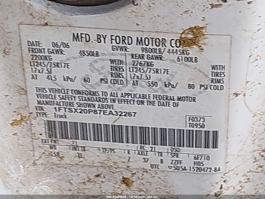 2007 Ford F-250 Lariat/Xl/Xlt VIN: 1FTSX20P87EA32267 Lot: 43408058