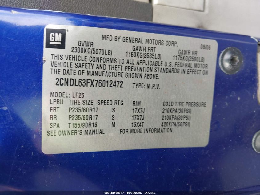 2007 Chevrolet Equinox Lt VIN: 2CNDL63FX76012472 Lot: 43408077