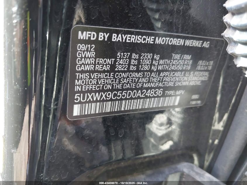 2013 BMW X3 xDrive28I VIN: 5UXWX9C55D0A24836 Lot: 43408078