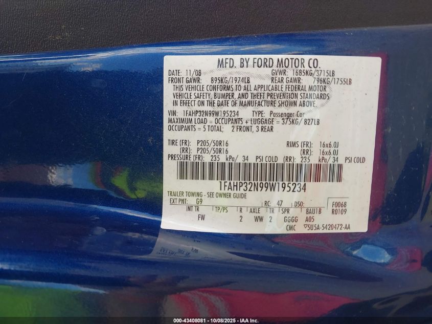 2009 Ford Focus Se VIN: 1FAHP32N99W195234 Lot: 43408081