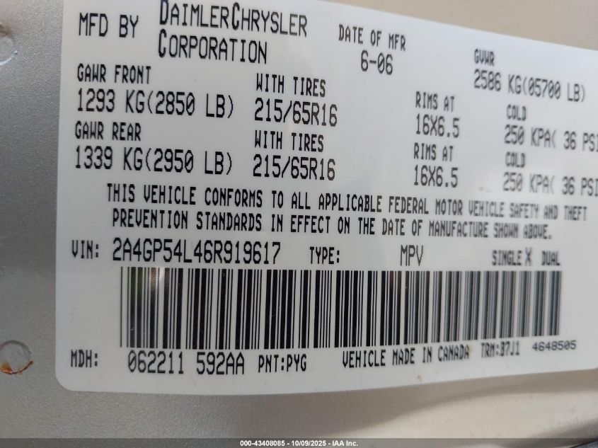 2006 Chrysler Town & Country Touring VIN: 2A4GP54L46R919617 Lot: 43408085